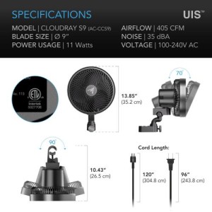 Ventilateur Clip Oscillant Cloudray S9 Ø 22,5 cm 10 Vitesses AC Infinity