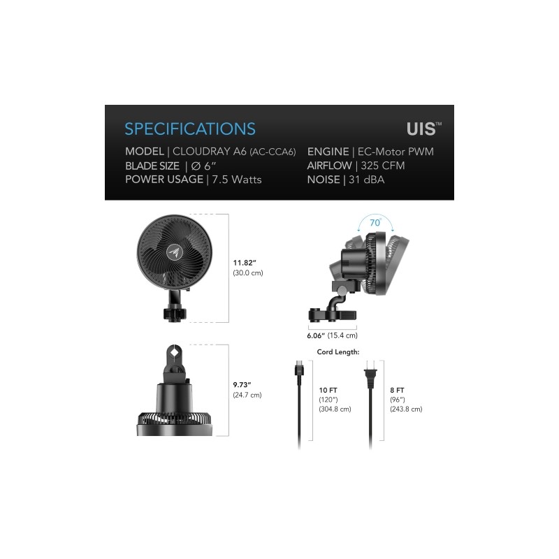 Ventilatore Cloudray A6 150 mm Rotazione Manuale AC Infinity